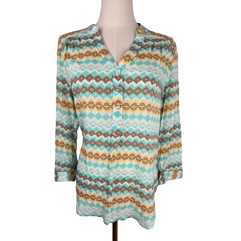 Grand‎ & Greene Tunic Blouse S Teal Brown Geometric Southwestern 3/4 Sleeve Top